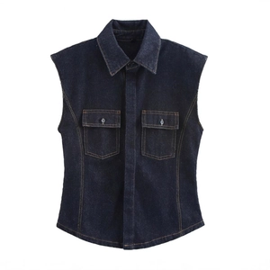 Sleeveless Denim Vest And High Waist Wide Leg Pants Women Casual Retro Streetwear Denim Blue Contrast Stitching