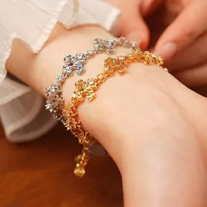 Vintage gold and silver iris flower bracelets with zircons for women in retro style