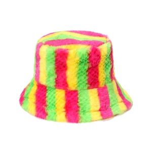 Rainbow striped faux rabbit fur bucket hat with fluffy colorful plush texture