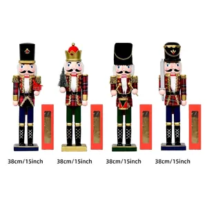 Set of four 38cm wooden nutcracker soldier figurines with festive plaid patterns and gift boxes