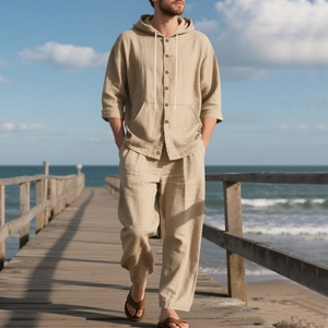 Men's beige linen beach set featuring a hooded button-up shirt and relaxed trousers