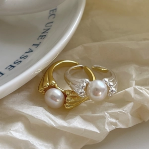 Elegant retro 925 silver open rings with shell texture and white pearls in gold and silver