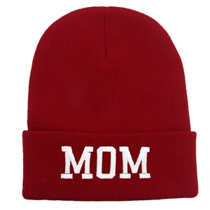 Dark red knitted MOM embroidery beanie for women featuring a stylish folded cuff design