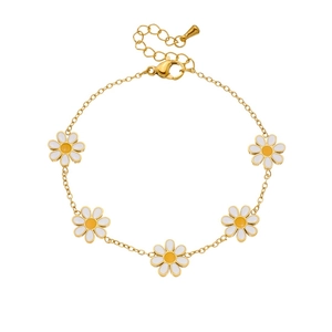 Elegant gold stainless steel bracelet with five white and yellow enamel daisy charms