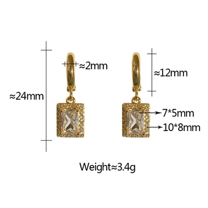 Detailed view of gold rectangle cubic zirconia earrings with size measurements and dimensions