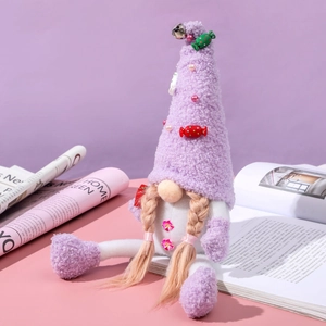 Handmade purple Christmas gnome plush doll with candy accents and golden braids