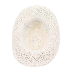 Overhead view of a breathable white straw cowboy hat featuring diamond hollow weave