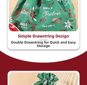 Detail of green burlap Christmas gift bag with festive red glitter slogans and drawstrings