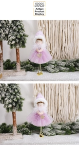 Detail of pink Christmas angel ornaments with mesh skirts, golden sequins and small bells