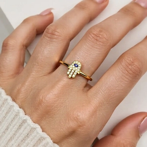Hamsa Hand Evil Eye Open Ring Copper Gold Plated With Zircon And Enamel Adjustable Fashion Jewelry For Women