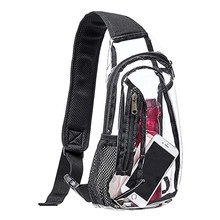 Transparent PVC waterproof crossbody travel bag with black strap and mesh shoulder padding
