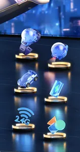 Wristwatch remote control with blue mini alloy car on futuristic glowing stage