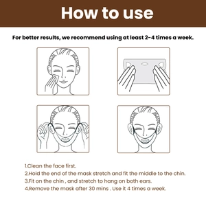 Instruction guide showing four steps to apply the V-line lifting face mask for 30 minutes