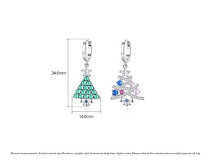 Detailed size view of Christmas tree earrings with colorful cubic zirconia and dimensions