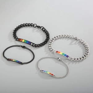 Rainbow stainless steel couple bracelets set in black and silver finishes with DIY charms
