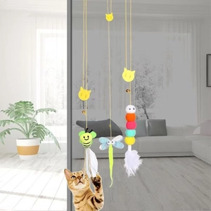Hanging cat toy with feathers and bells, interactive elastic string door mount for pets