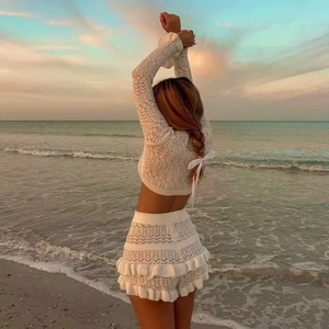 Women Crochet Knit Long Sleeve Crop Top And Ruffle Hem Shorts Sexy Vacation Beach White Outfit Bow Knot