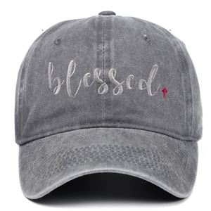 Classic washed grey cotton baseball cap with white blessed embroidery and red cross