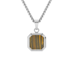 Close-up of a silver octagon pendant with natural tiger eye stone inlay and cable chain
