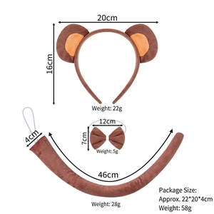 Brown monkey costume set with detailed measurements for ears headband, bowtie, and tail