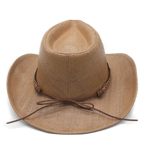 Close-up of woven straw cowboy hat featuring textured fiber and decorative rope bow