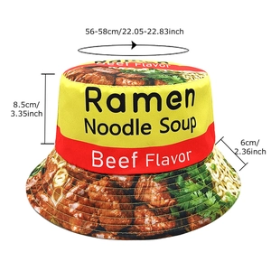 Ramen Noodle Soup print bucket hat in red and yellow with 56-58cm head size details