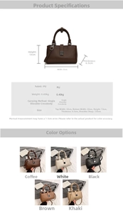 Detailed view of women's PU leather bag showing dimensions and multiple color options