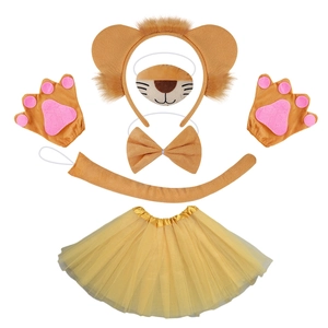 Lion costume set for kids including plush ears headband, tutu skirt and animal accessories