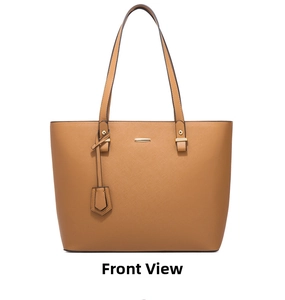 Front view of a brown Saffiano leather tote bag with elegant metal hardware detailing