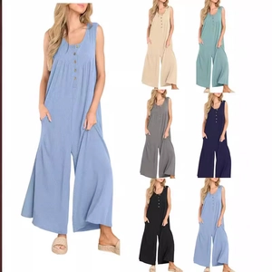 Women Sleeveless Ribbed Knit Jumpsuit Button Down Casual Wide Leg With Pockets Solid Color Elegant Chic