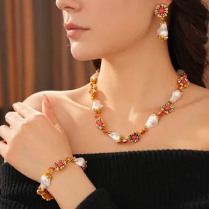 Vintage Baroque pearl necklace jewelry set with red gemstones and diamond accents