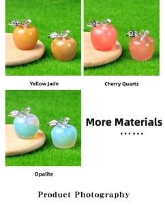 Detailed trio of apple pendants in yellow jade, cherry quartz and opalite with metal leaves