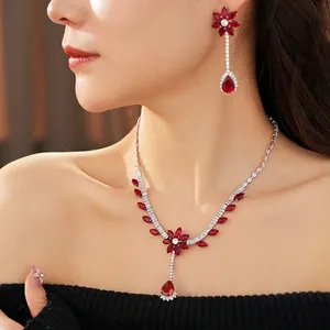 Vintage zircon flower jewelry set with ruby red waterdrop pendants and earrings