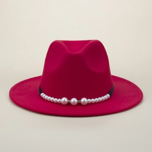 Classic rose red felt fedora hat with elegant pearl band and stylish British jazz design