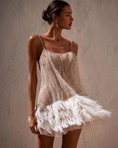 Detailed view of champagne gold sequins and fluffy feather trim on the party mini dress