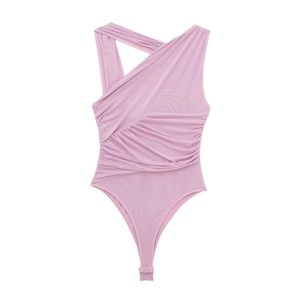 Pink one-shoulder mesh bodysuit with asymmetrical pleated layers on white background