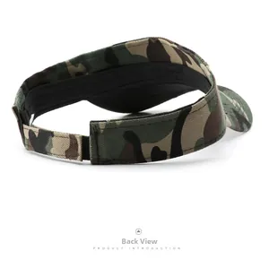 Detail view of adjustable velcro strap on back of camouflage visor hat with sewing lines