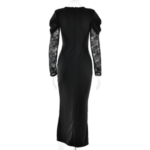 Detail view of the back of a black lace sleeve maxi dress with invisible zipper