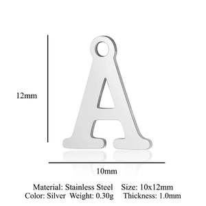 Stainless steel silver capital letter A pendant with size specifications 10x12mm