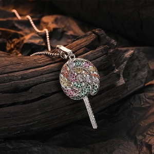 Rainbow lollipop pendant necklace with colorful zirconia on a silver ball chain