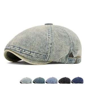 Retro washed denim flat cap with adjustable metal buckle available in five vintage colors