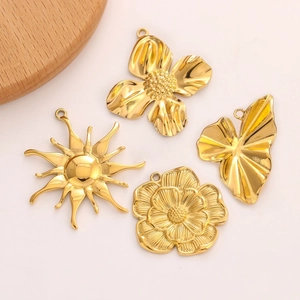 Vintage Stainless Steel Flower Sun Leaf Pendants For DIY Jewelry Making Accessories Gold Plated Metal Charms Retro Style