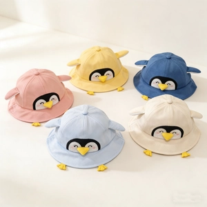 Cute Penguin Baby Fisherman Hat Cotton Breathable Sun Protection Bucket Hat Adjustable Strap Toddlers Outdoor Sunshade Cap