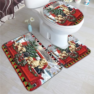 Three-piece Christmas bath mat set with cute puppy in red truck on wood floor