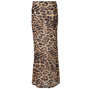Detailed view of the sheer leopard print mesh fabric and texture on a bodycon skirt