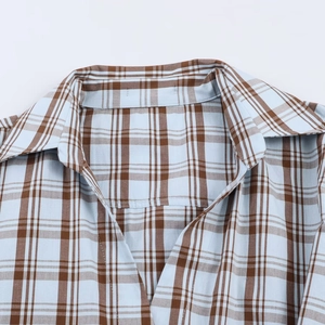 Classic light blue and brown plaid poplin shirt featuring a formal fold-down collar