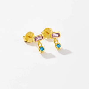 Elegant 925 silver stud earrings with purple rectangle and blue round gemstones