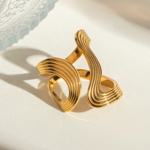 Vintage 18k gold plated stainless steel wave ring with a minimalist spiral open design