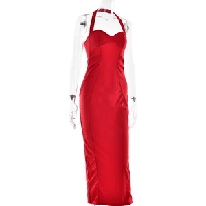 Close-up of a red halter neck slim fit dress with waist cinch and side slit detail