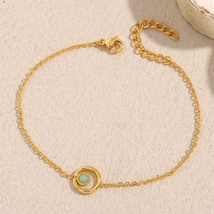 Minimalist Bracelet Stainless Steel 18K Gold Plated Natural Green Stone Geometric Round Pendant Adjustable Jewelry For Women
